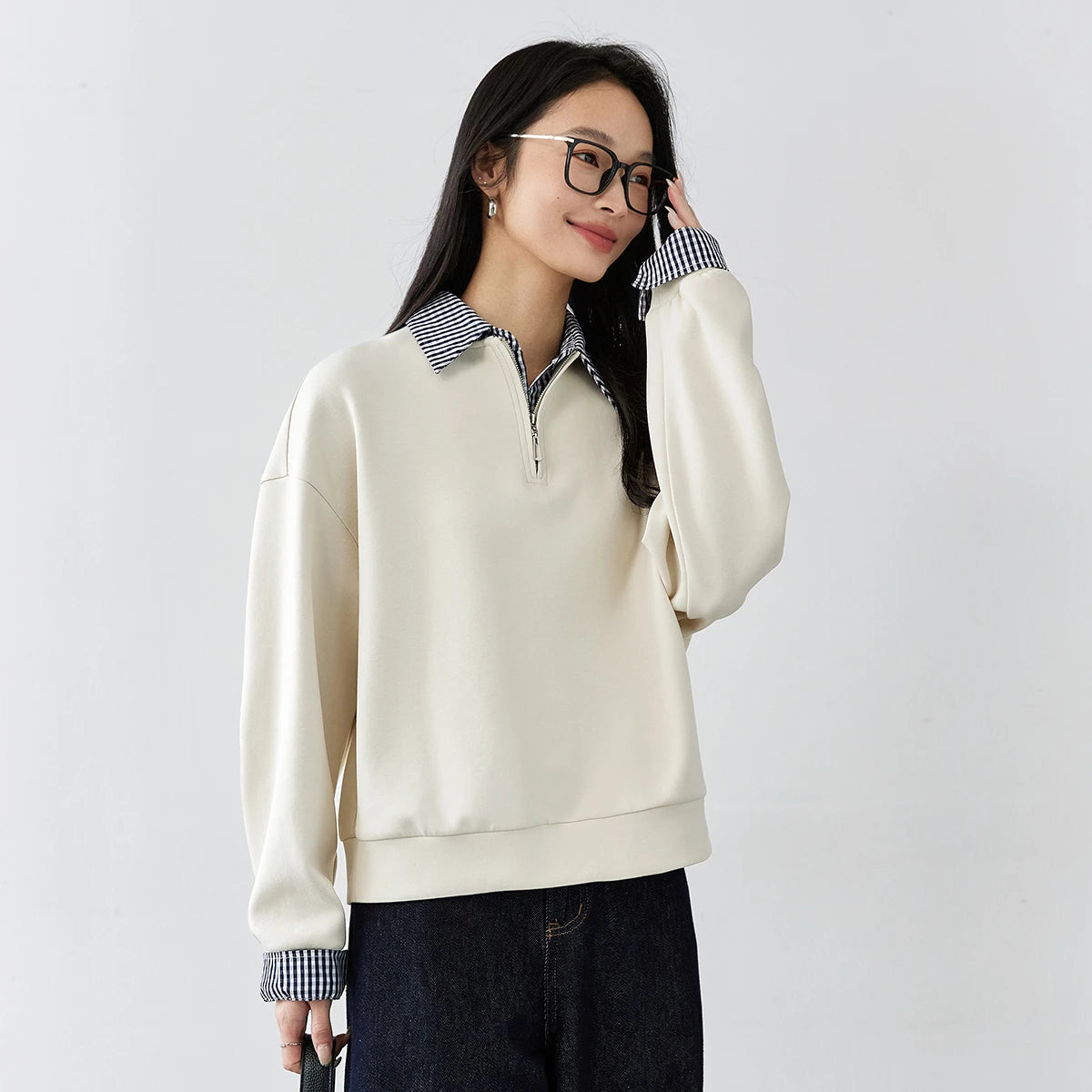 Plaid-Trim Half-Zip Sweatshirt