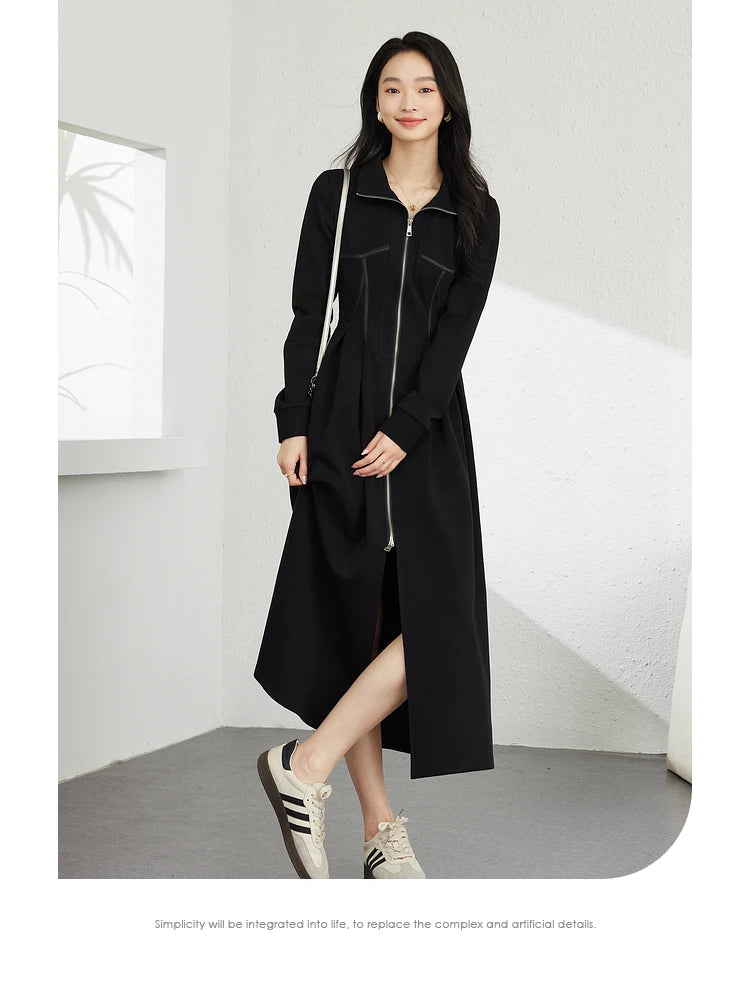 Contrast-Piping Zip-Front Midi Dress