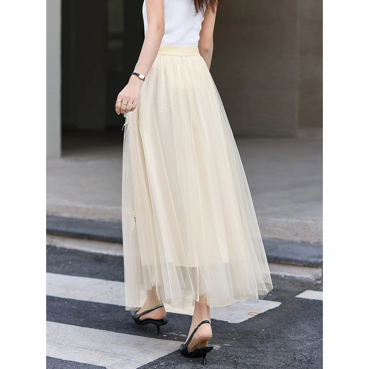 Butterfly-Embroidered Mesh Midi Skirt