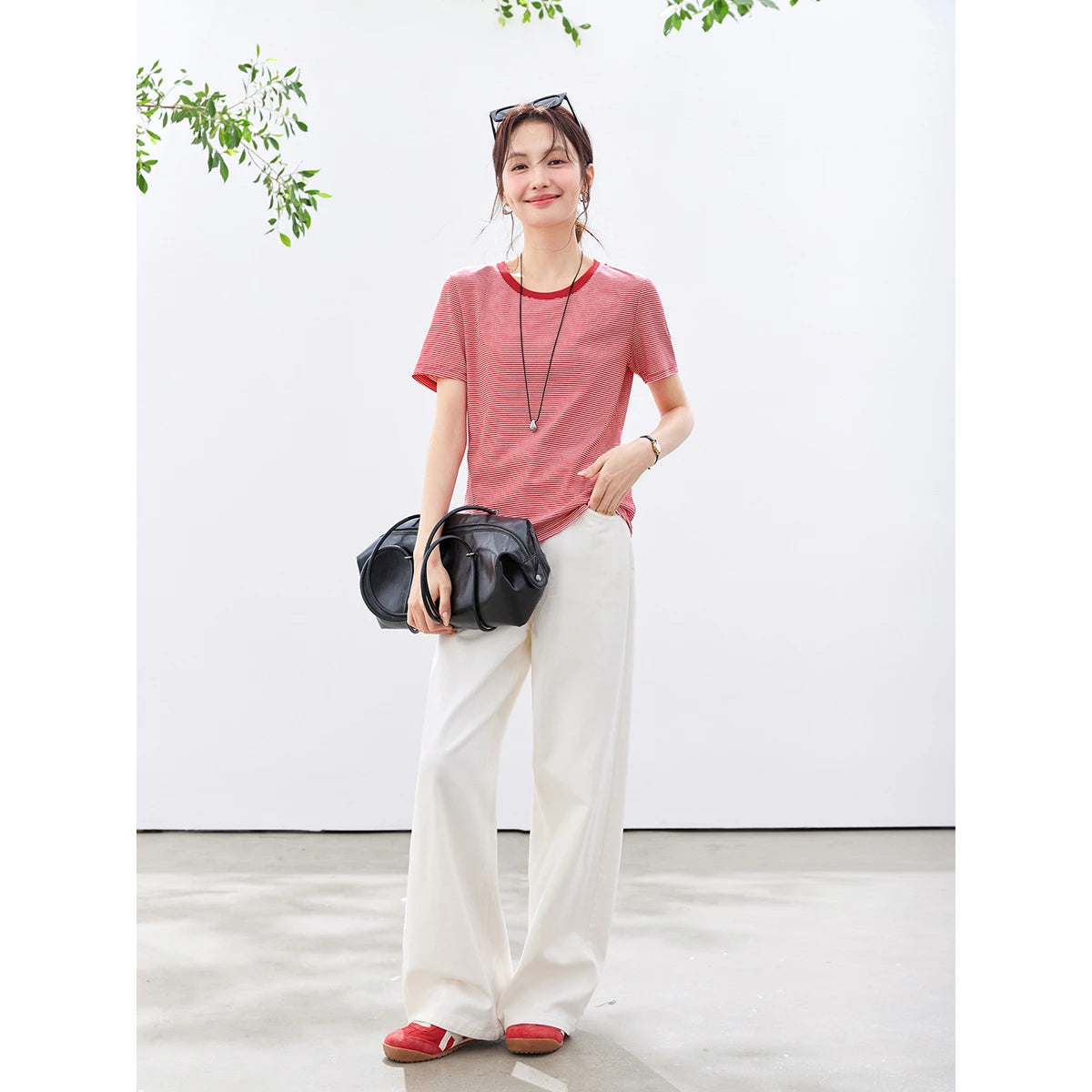 Micro-Stripe Contrast-Collar Tee
