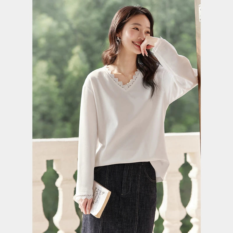 Lace-Trim V-Neck Long-Sleeve Top