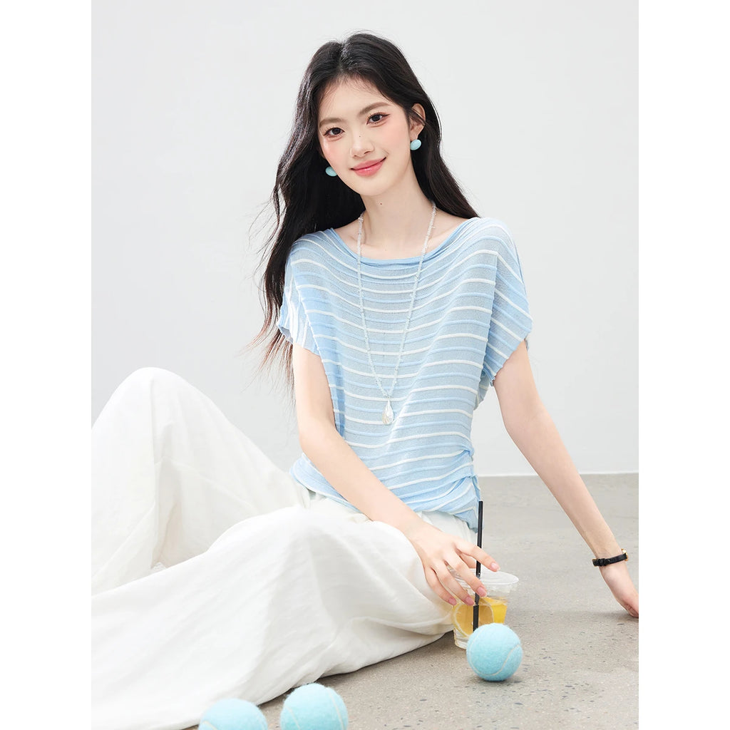 Striped Ruched Dolman-Sleeve Tee