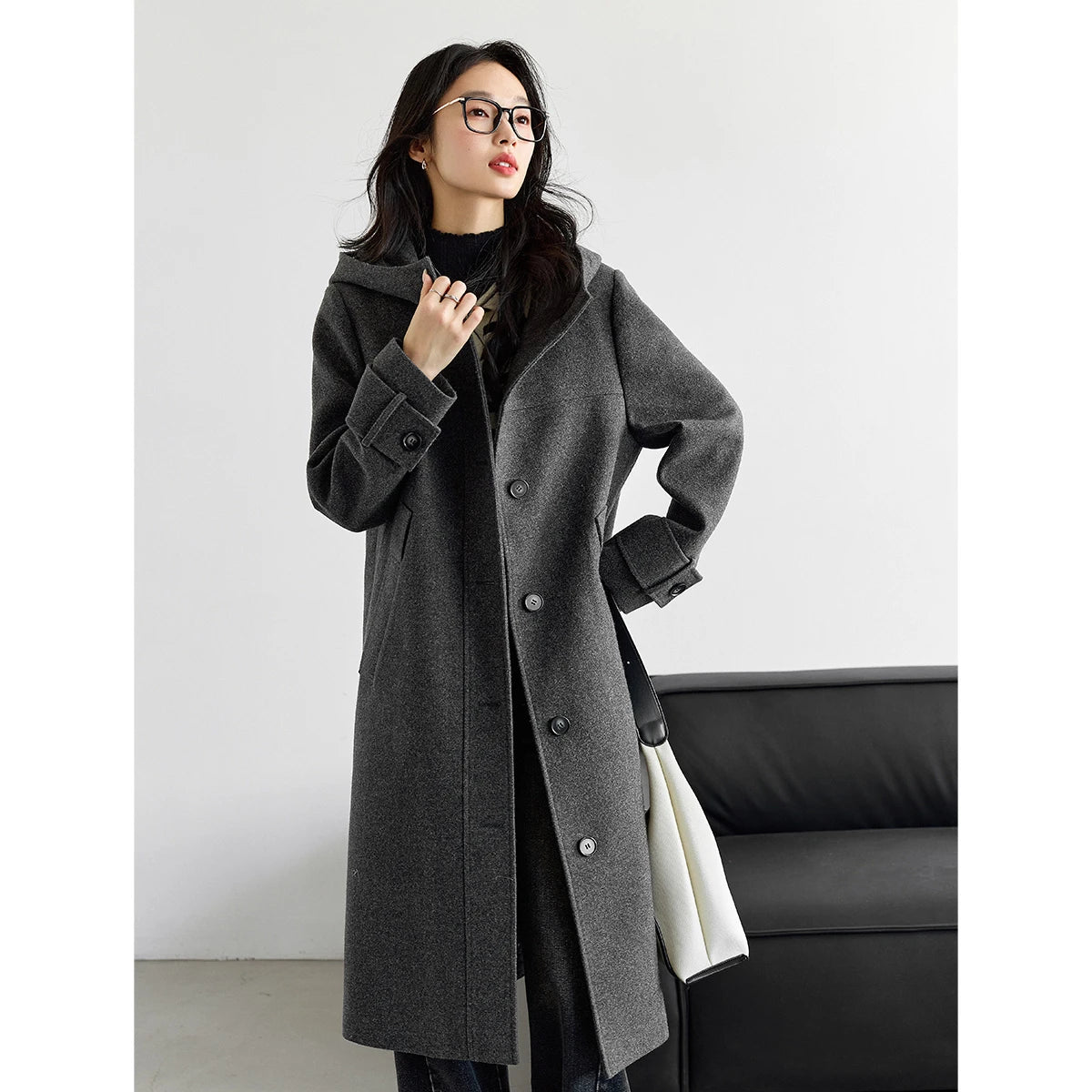 Hooded Button-Front Long Coat