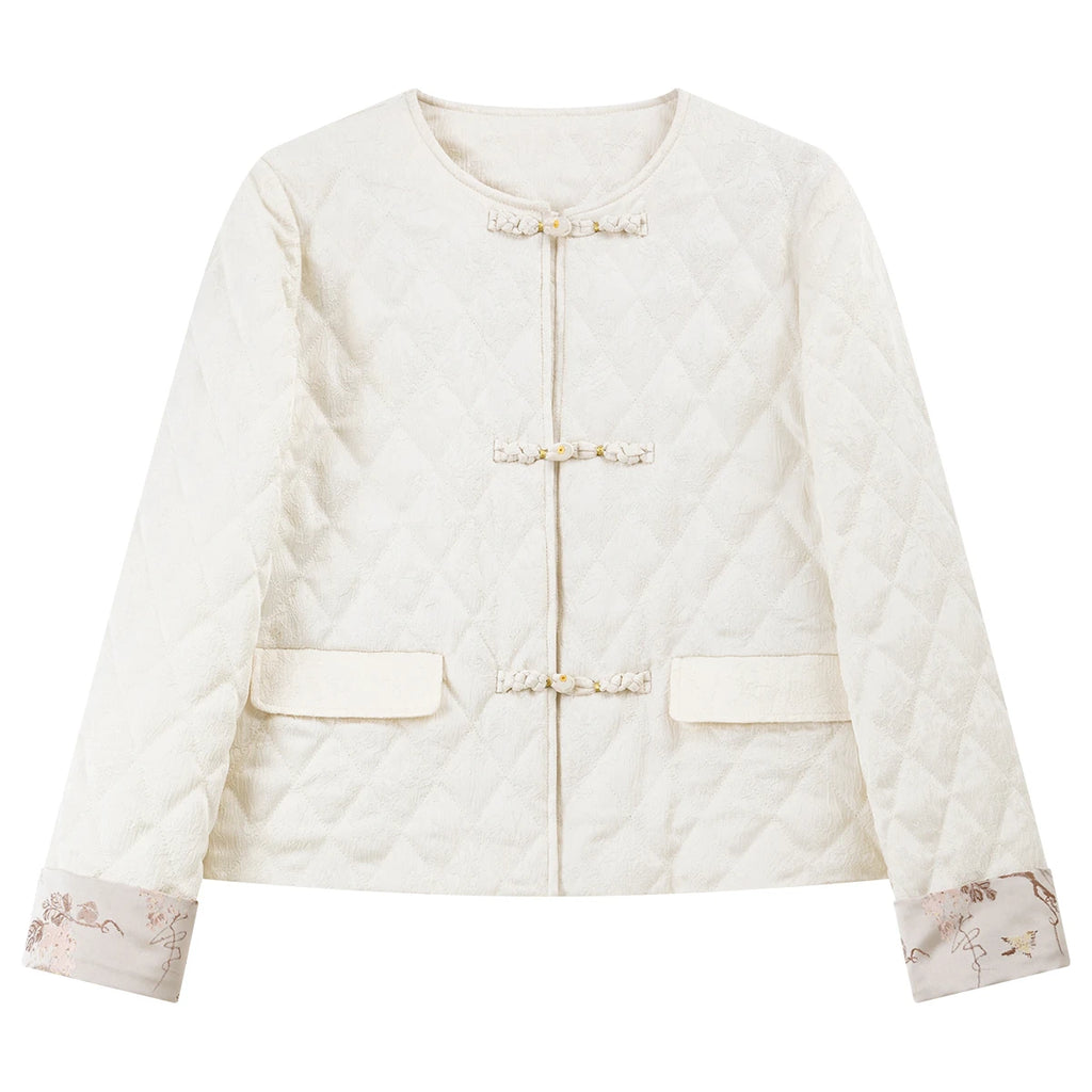 Frog-Button Quilted Collarless Jacket
