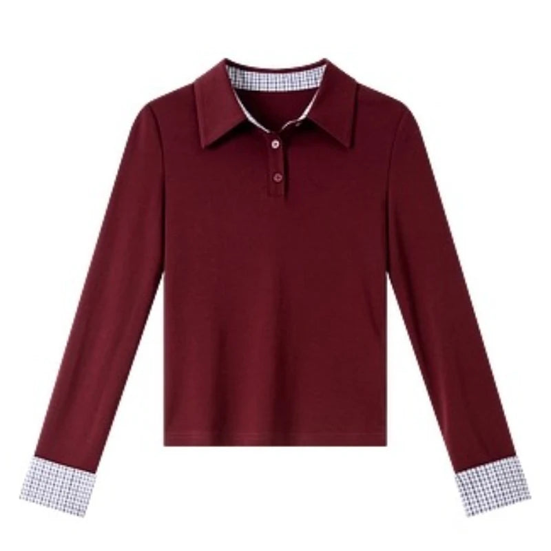 Contrast-Cuff Collared Long-Sleeve Top