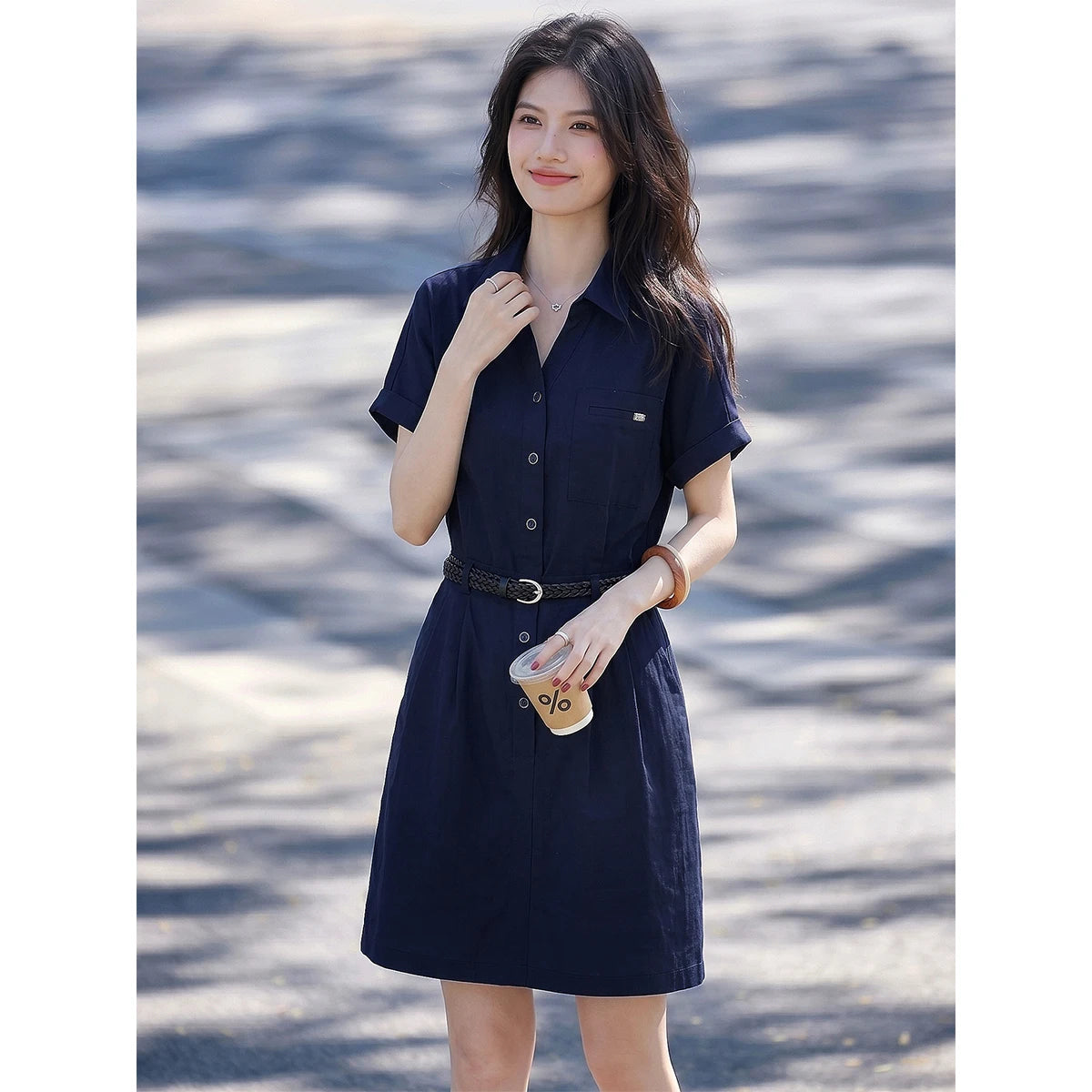 Belted Short-Sleeve Shirt Dress
