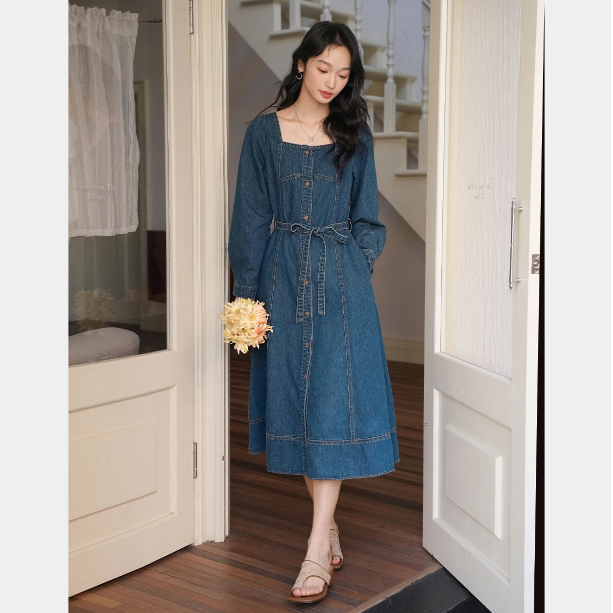 Square-Neck Belted Denim Midi Dress
