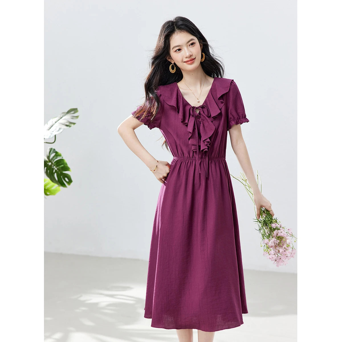 Ruffle-Front Puff-Sleeve Midi Dress