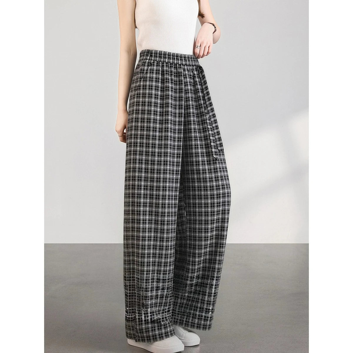 Small-Check Wide-Leg Trousers