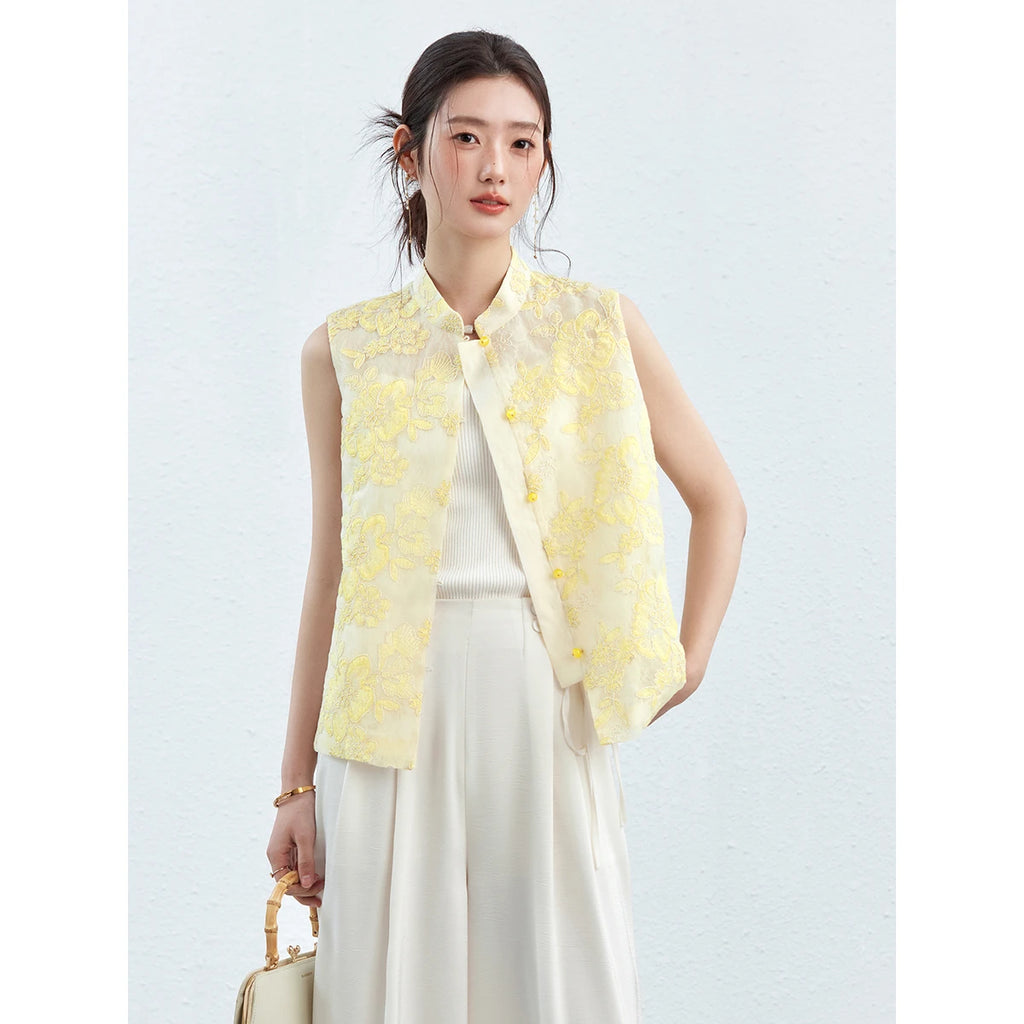 Floral Jacquard Frog-Button Vest
