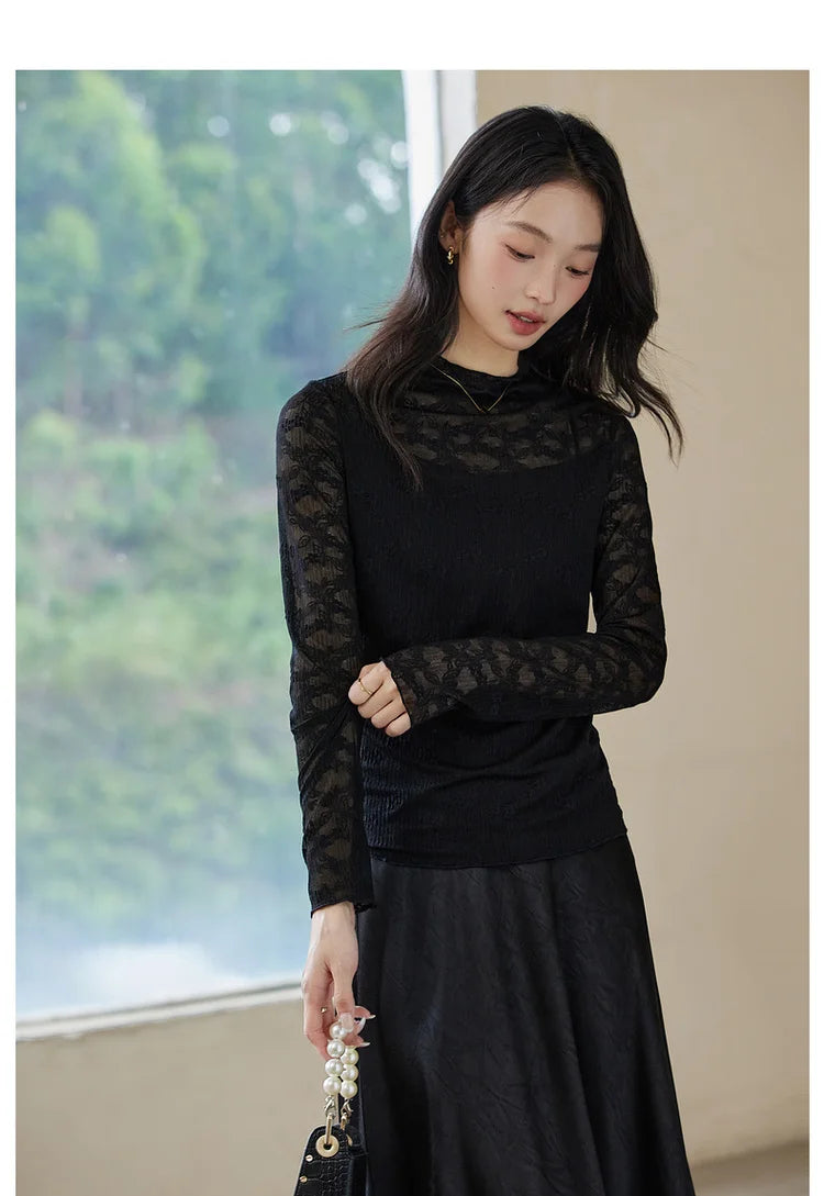 Lace-Sleeve Mock-Neck Top