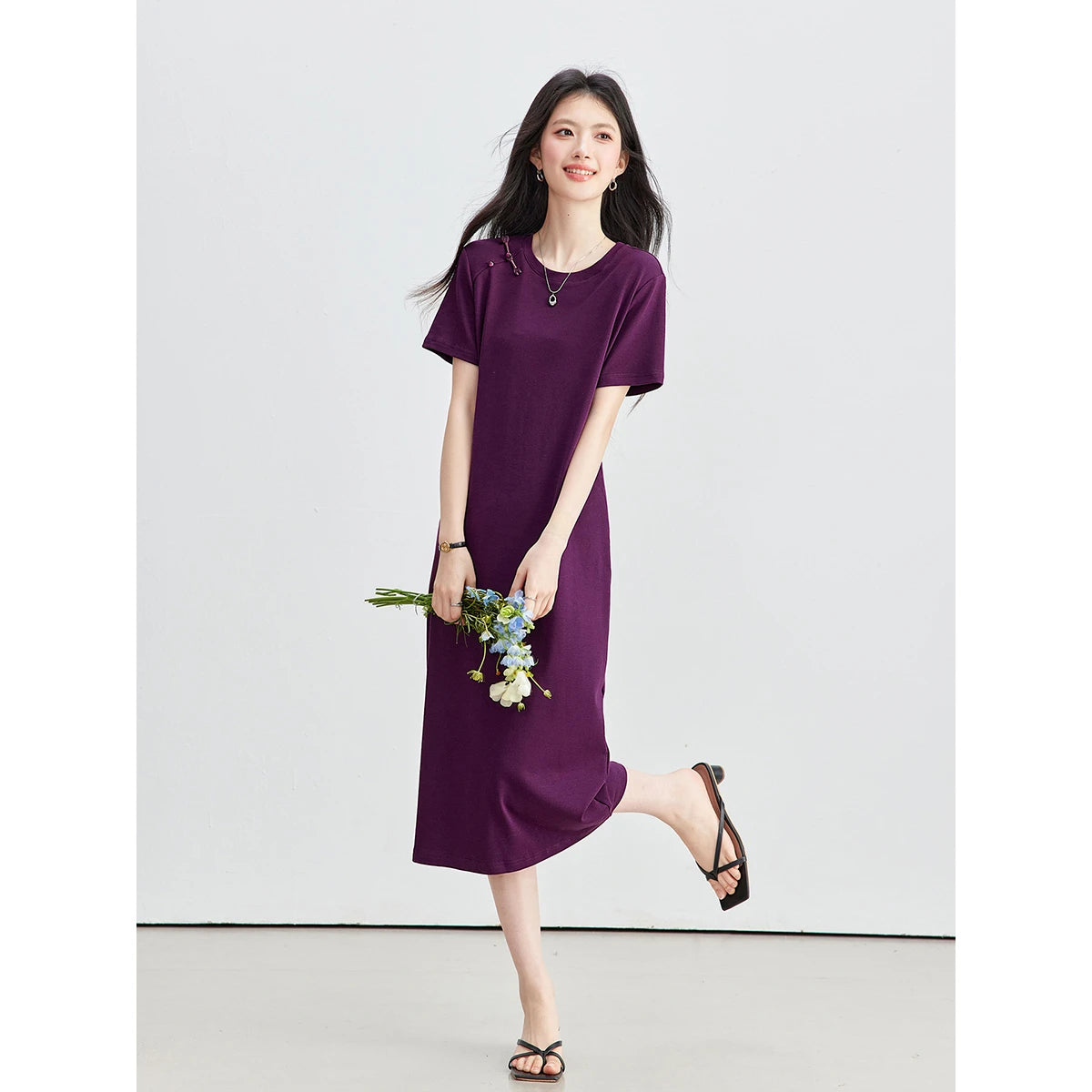 Frog-Button Slit-Hem Midi Dress