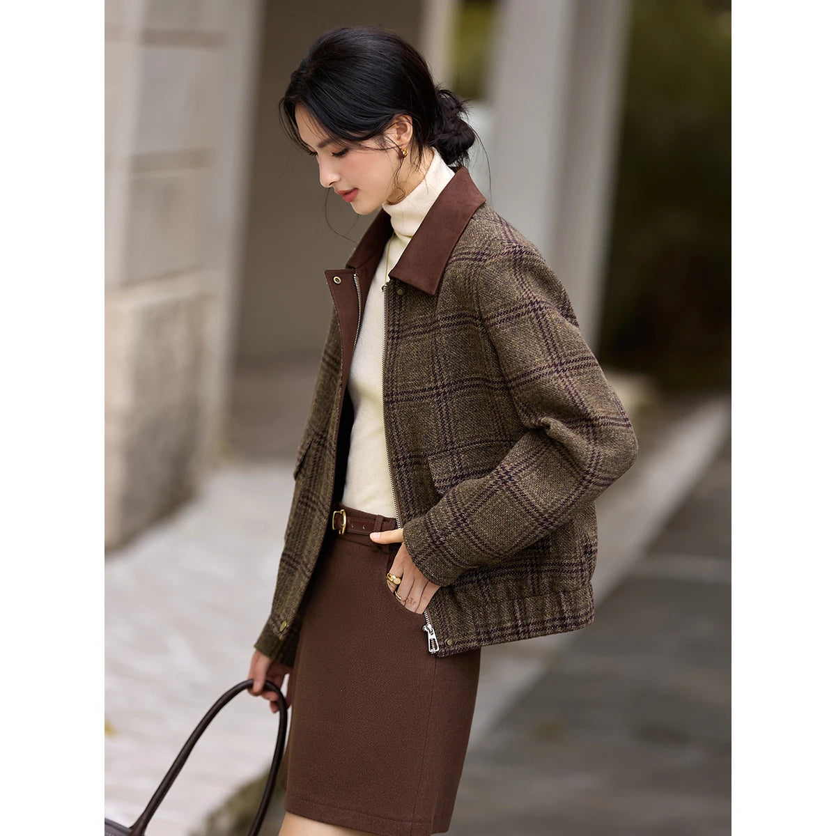 Plaid Contrast-Collar Cropped Jacket