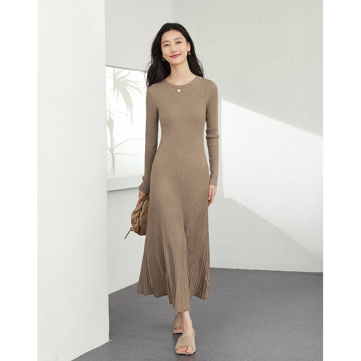 Ribbed Crew-Neck Knit Midi Dress