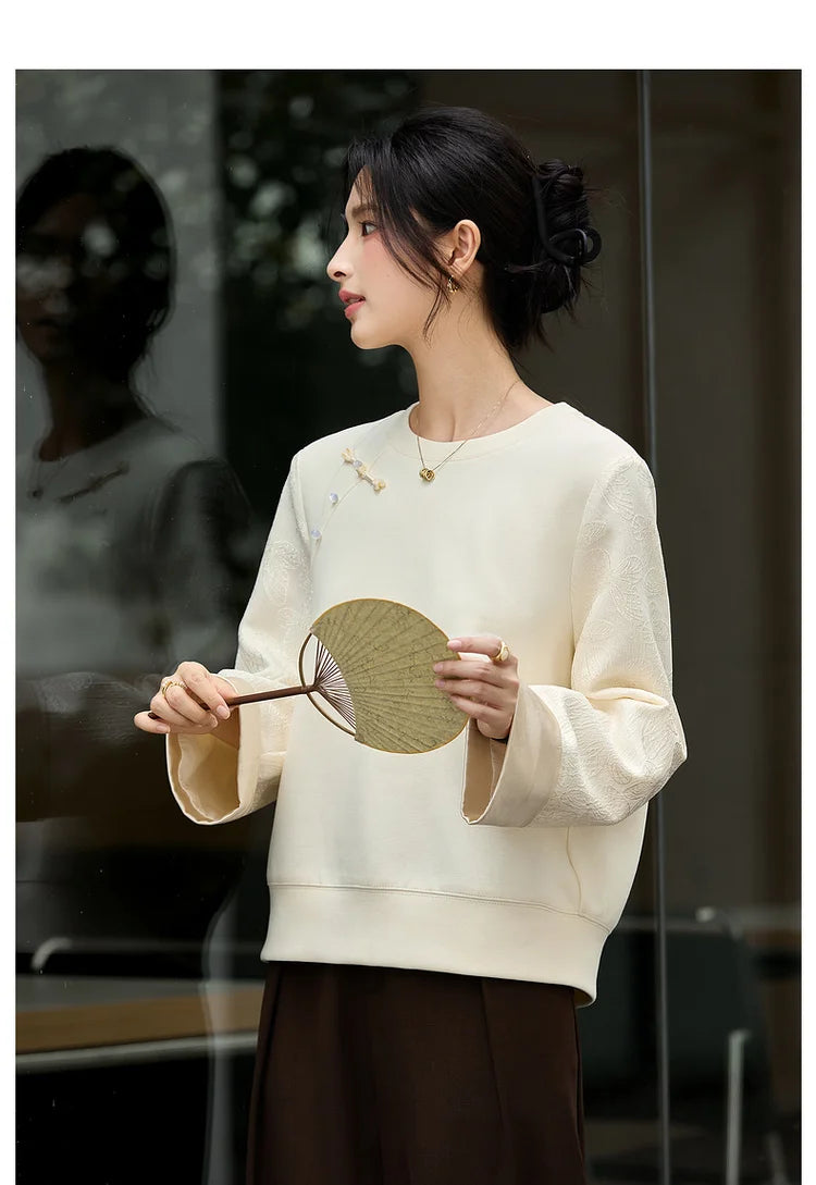Frog-Button Crew-Neck Sweatshirt