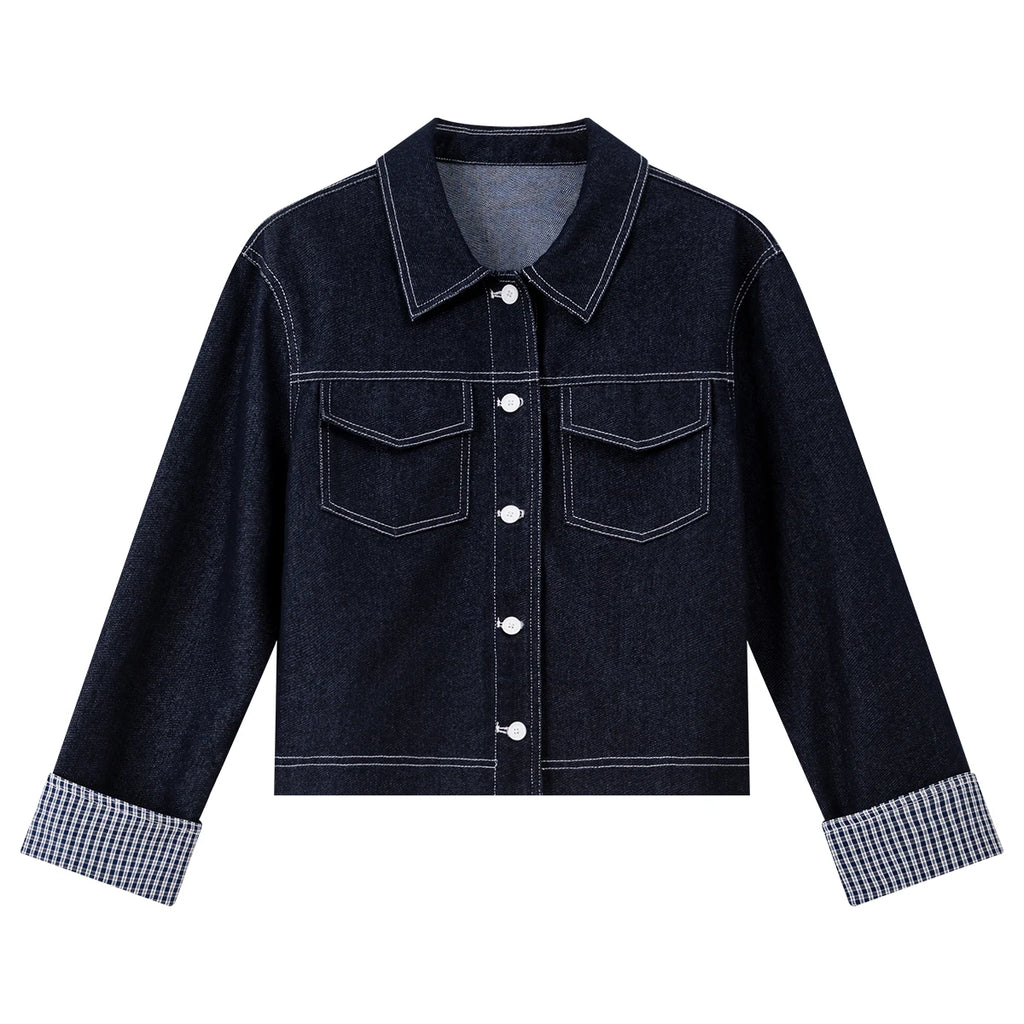 Contrast-Cuff Cropped Denim Jacket