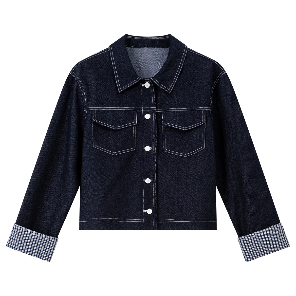 Contrast-Cuff Cropped Denim Jacket