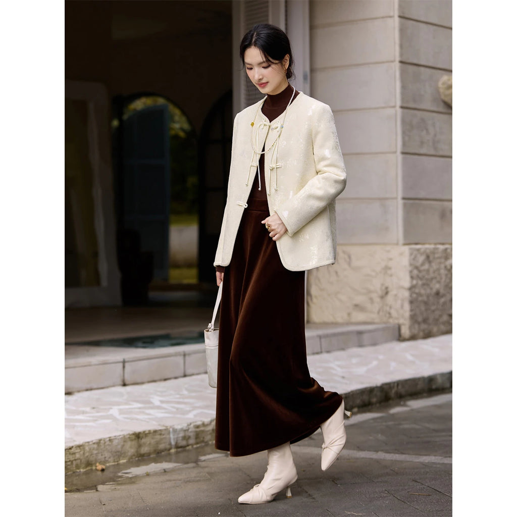 Jacquard Frog-Button Collarless Jacket