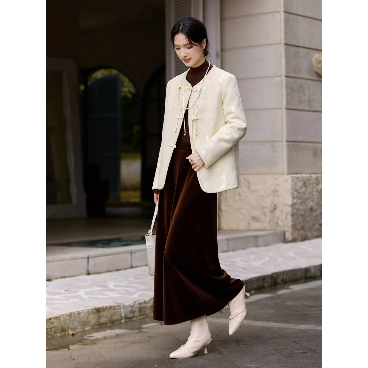Jacquard Frog-Button Collarless Jacket