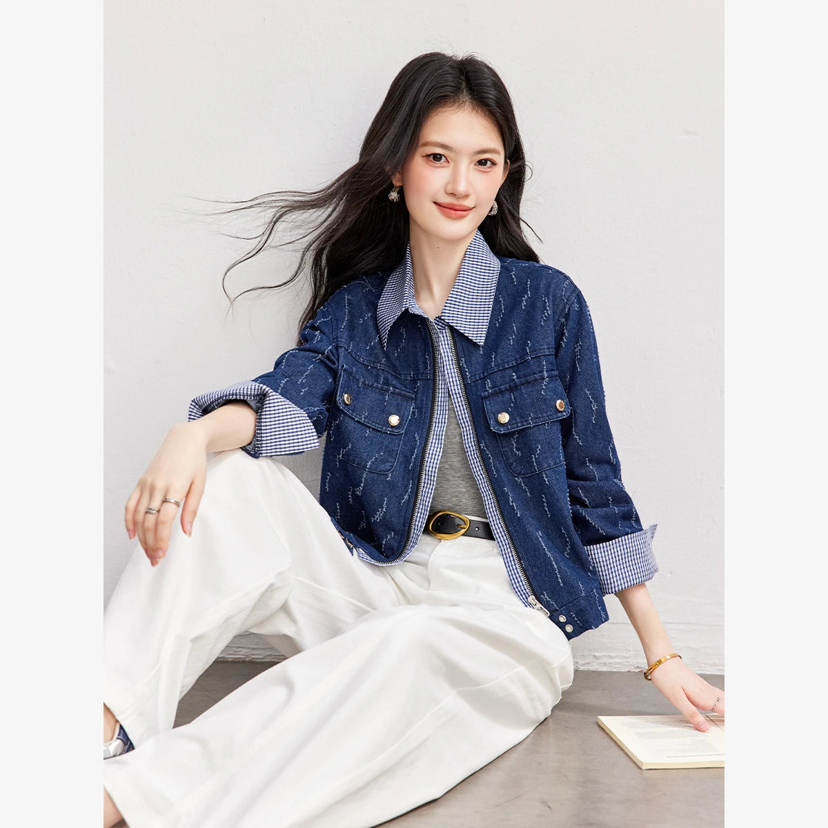 Jacquard-Collar Cropped Denim Jacket