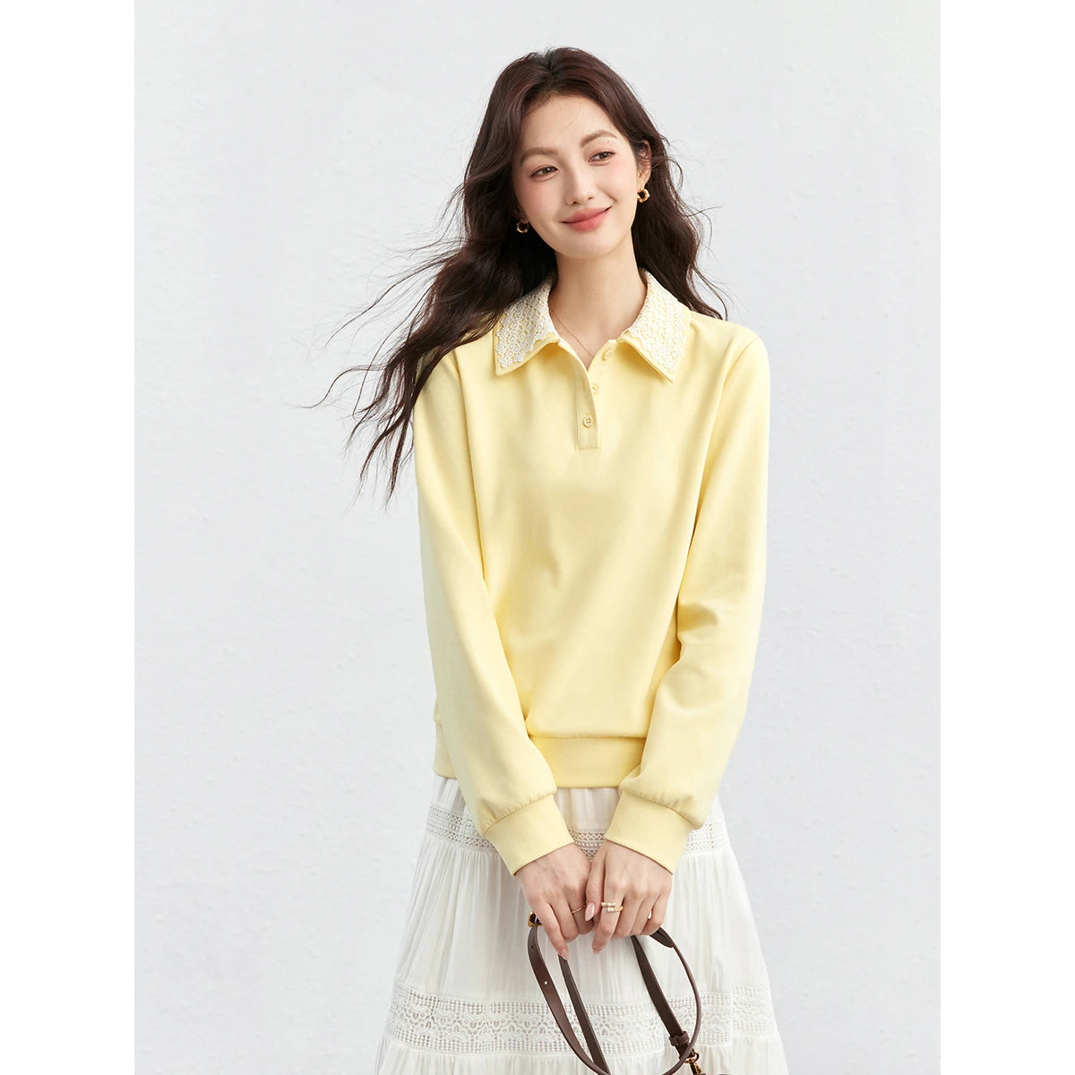 Lace-Collar Long-Sleeve Polo Sweatshirt