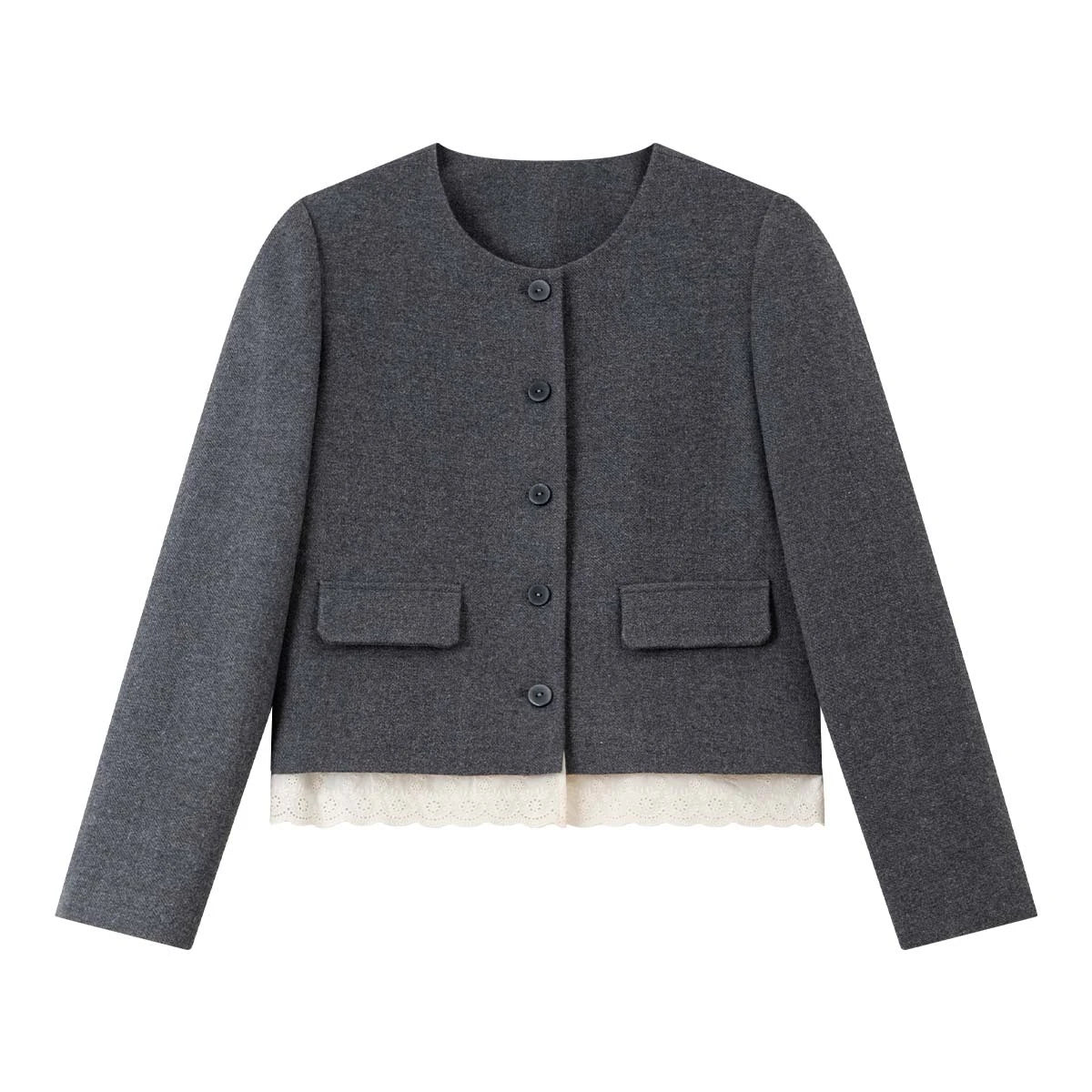 Lace-Hem Collarless Cropped Jacket