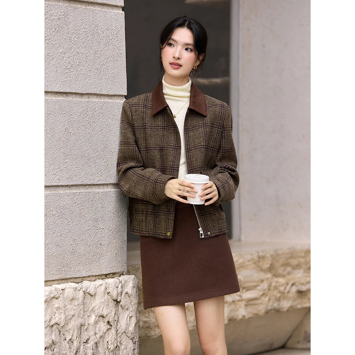 Plaid Contrast-Collar Cropped Jacket