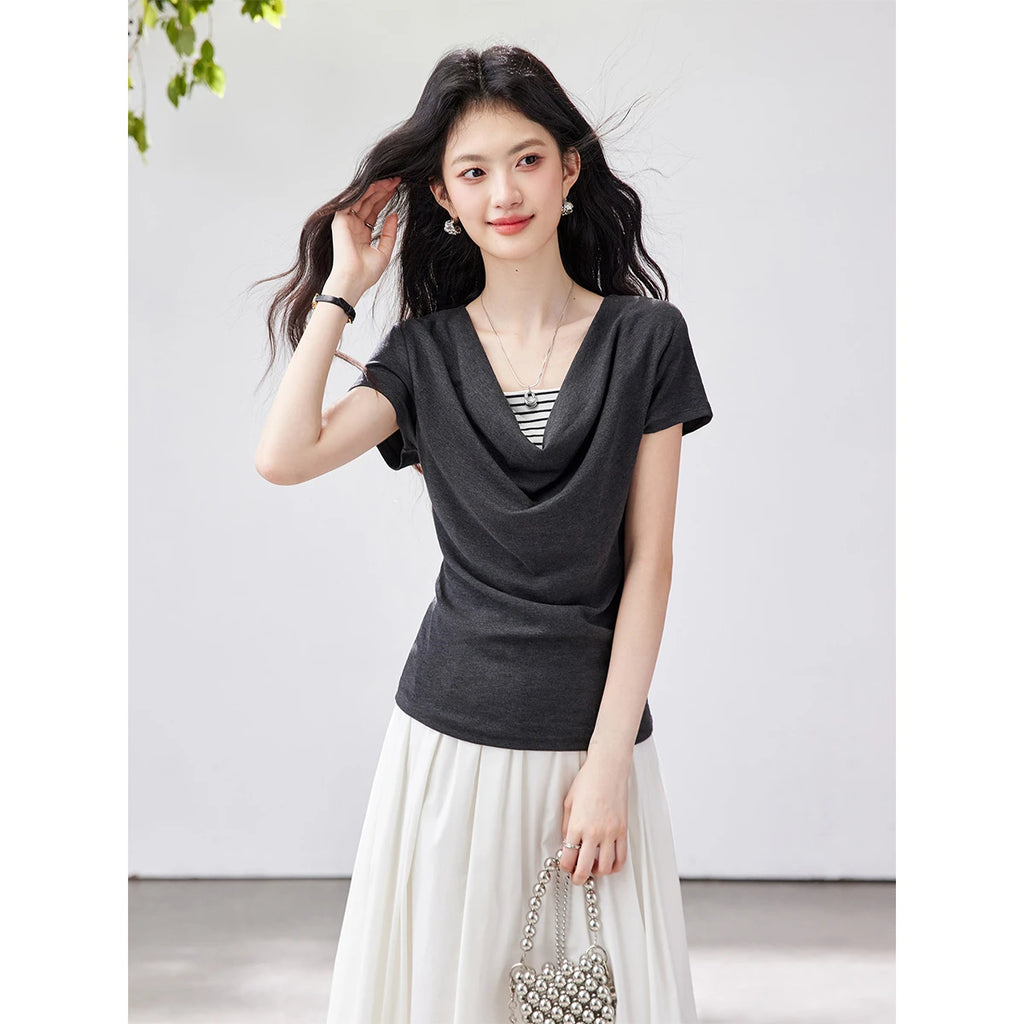 Layered Cowl-Neck Short-Sleeve Tee