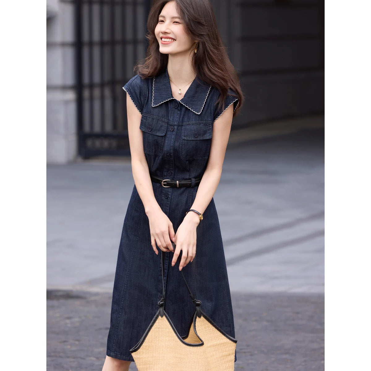 Sleeveless Belted Denim Shirt Dress