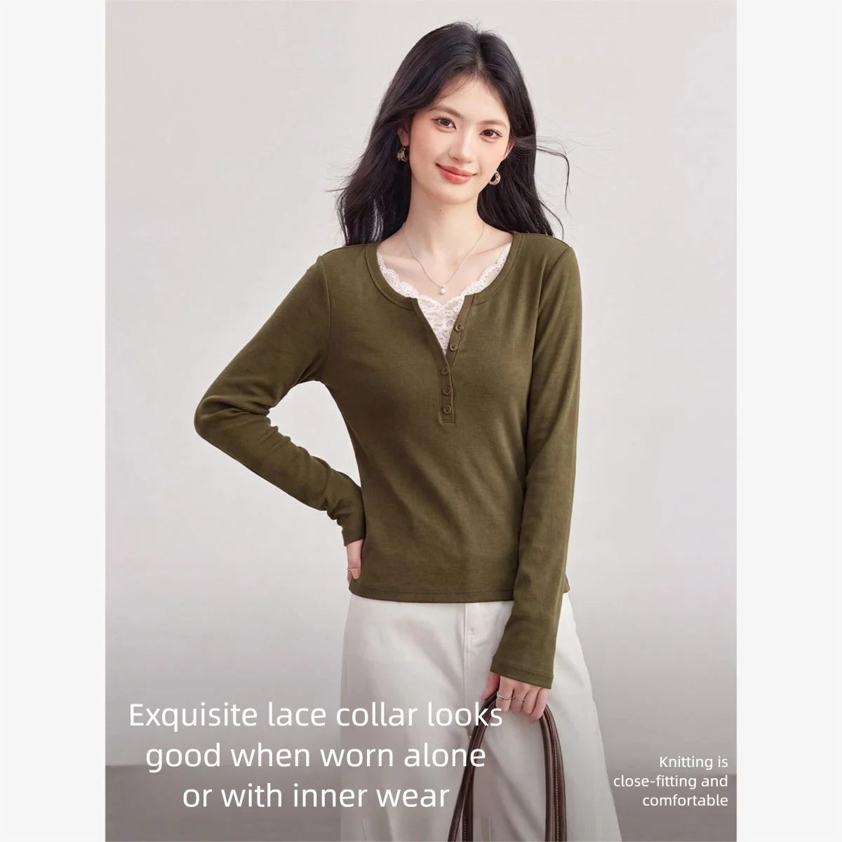 Lace-Trim Henley Long-Sleeve Top