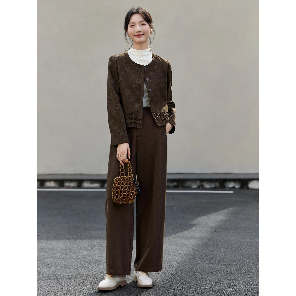 Jacquard Ruffle-Hem Cropped Jacket