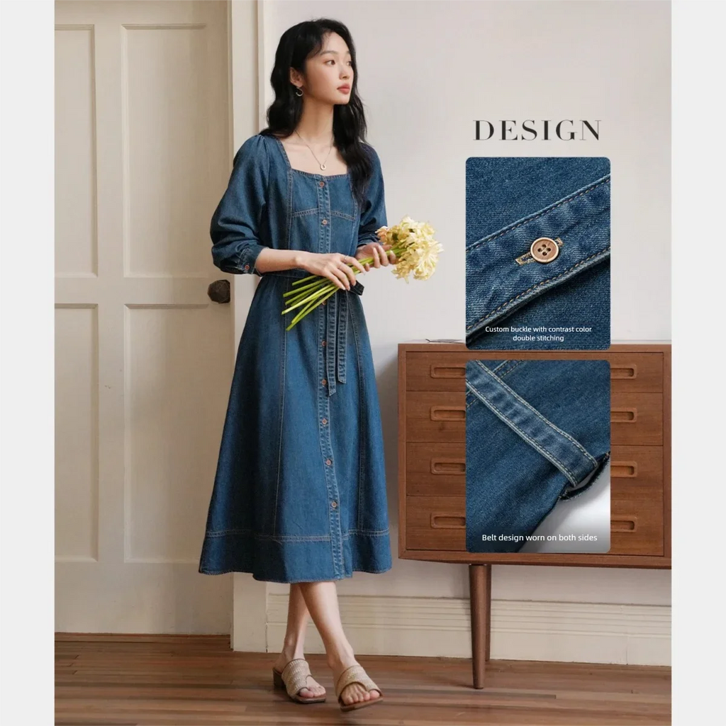 Square-Neck Belted Denim Midi Dress