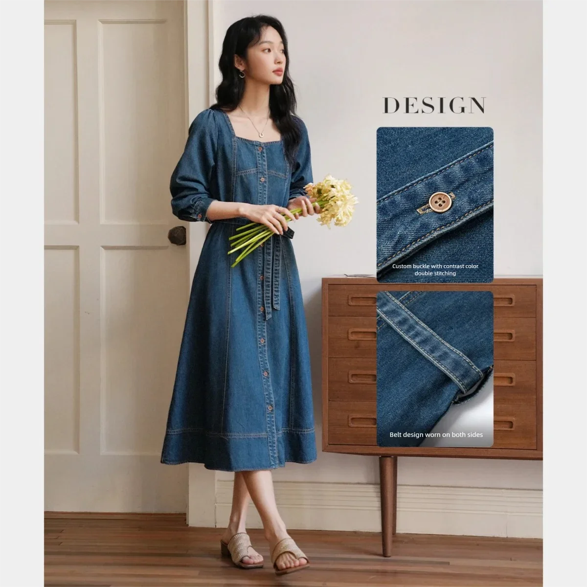 Square-Neck Belted Denim Midi Dress