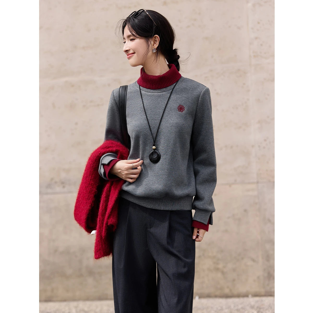 Contrast-Turtleneck Crew-Neck Sweatshirt