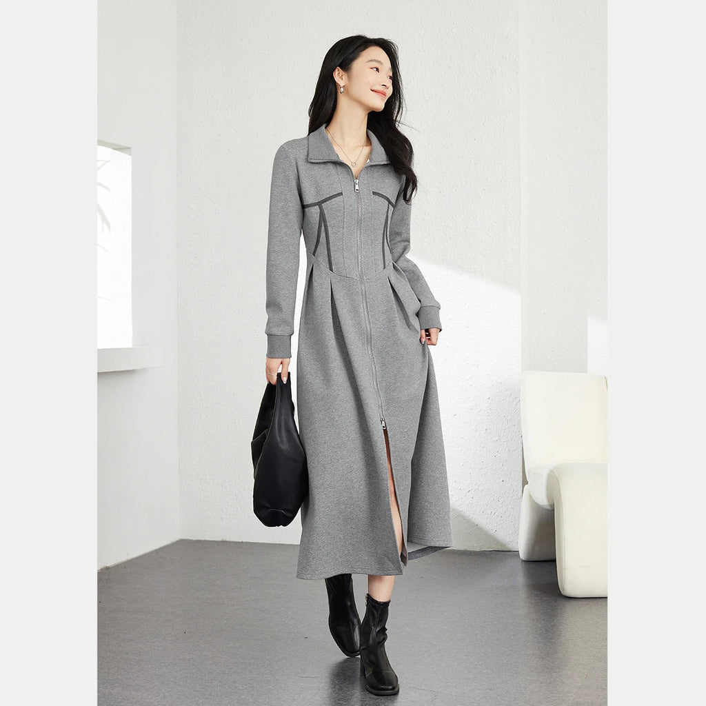 Contrast-Piping Zip-Front Midi Dress