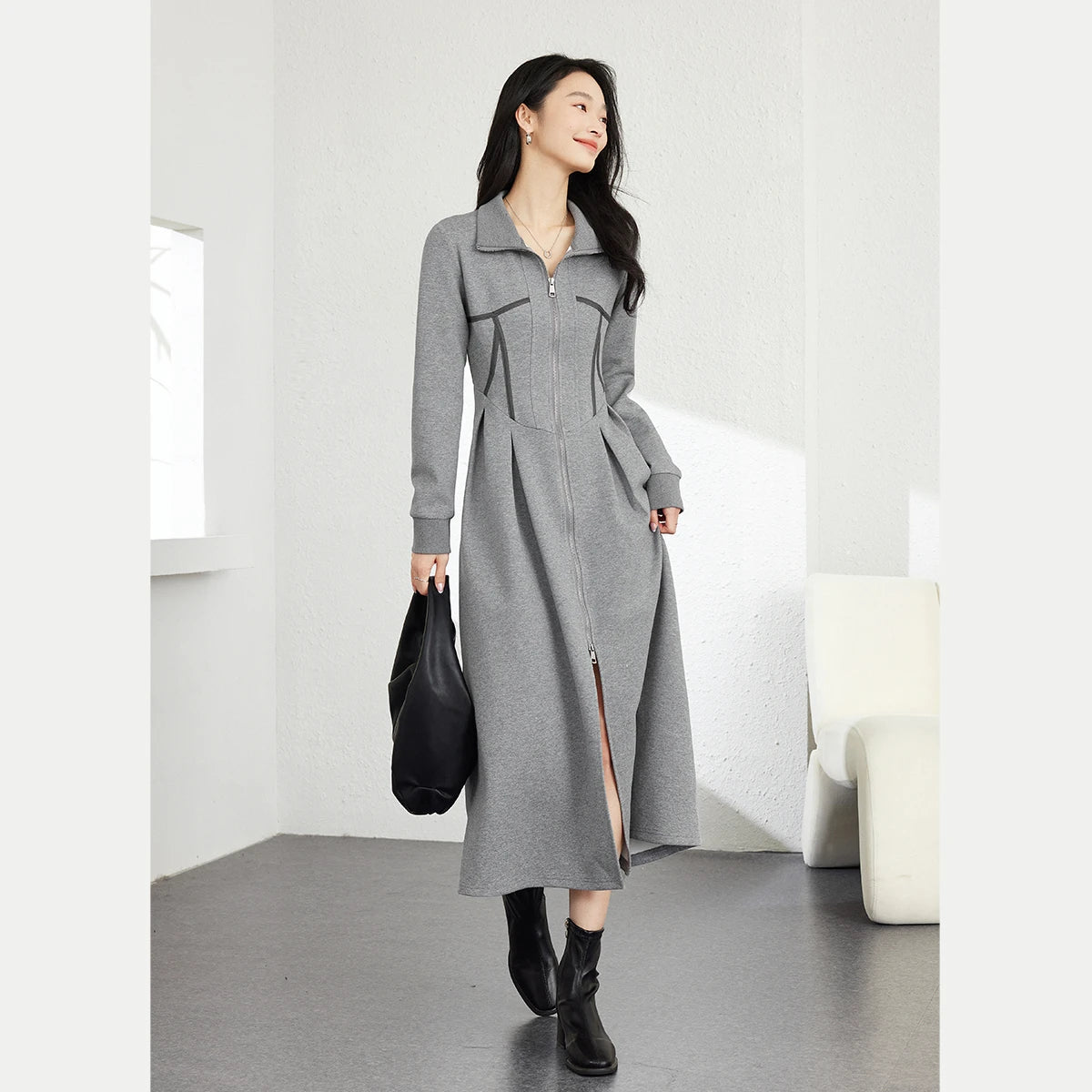 Contrast-Piping Zip-Front Midi Dress