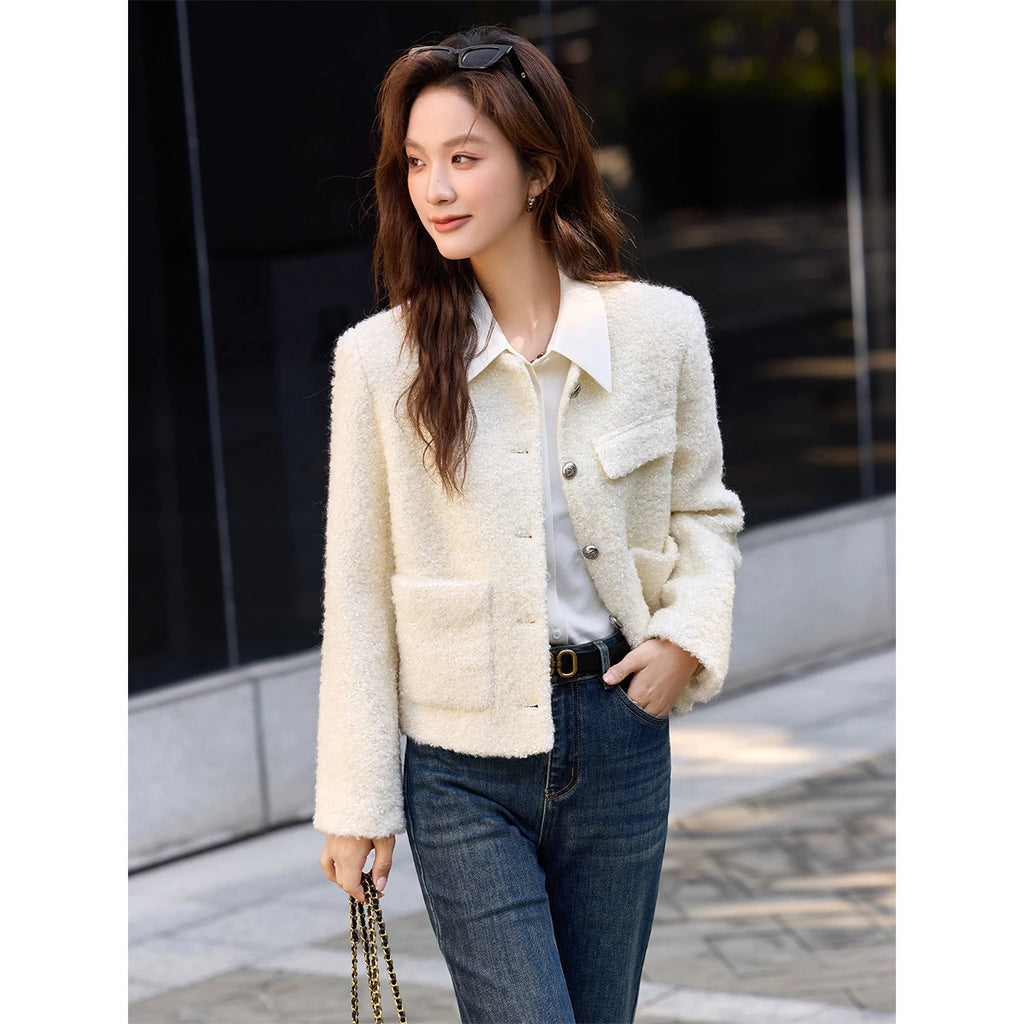 Textured Pocket-Front Collarless Jacket