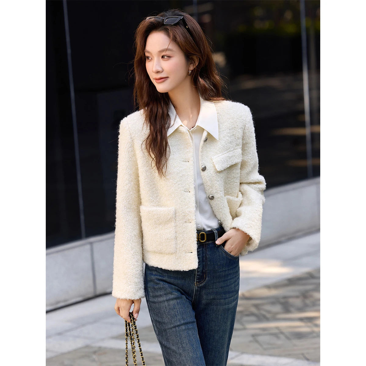 Textured Pocket-Front Collarless Jacket