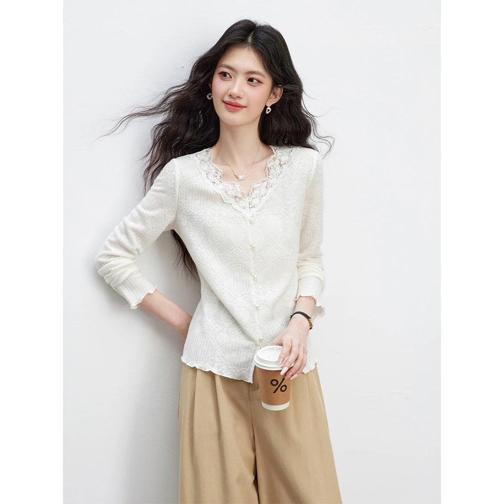 Lace-Trim Button-Front Knit Top