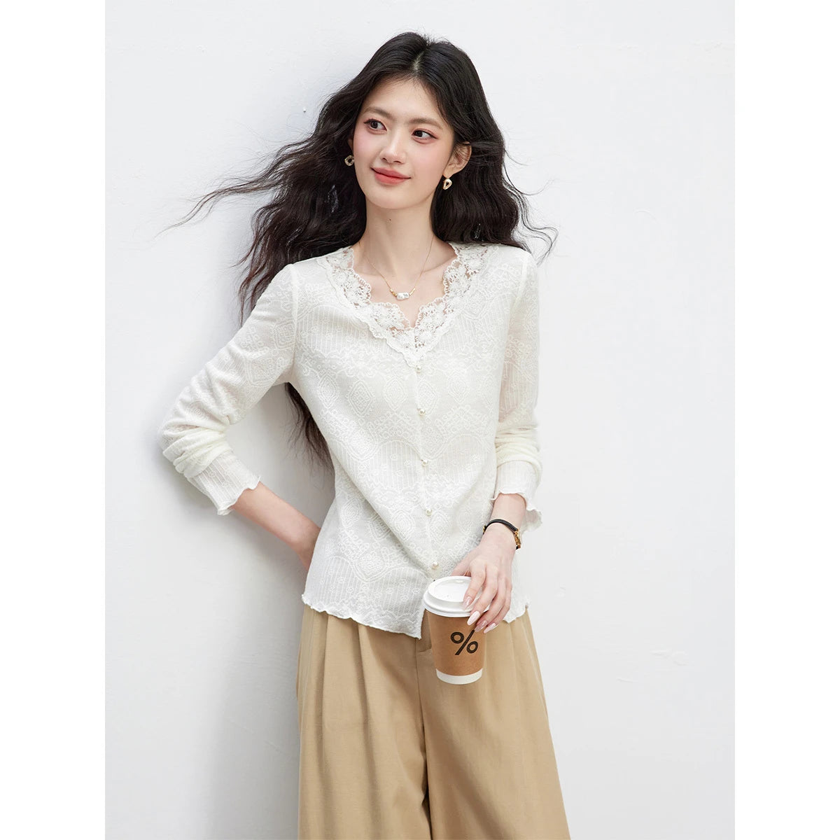 Lace-Trim Button-Front Knit Top
