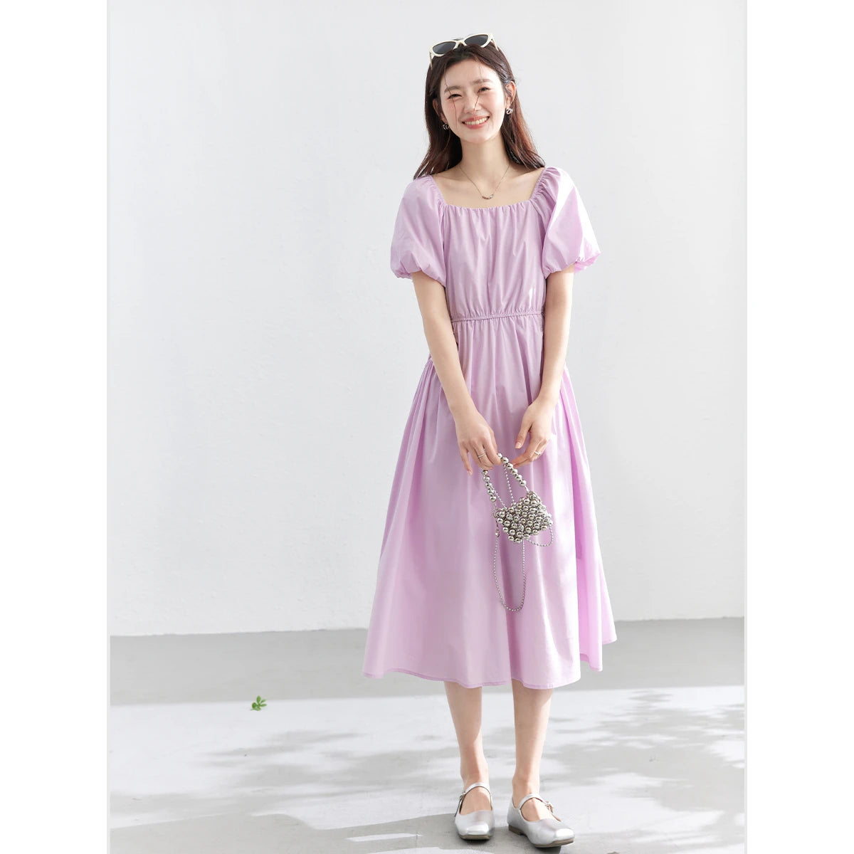 Square-Neck Puff-Sleeve Midi Dress