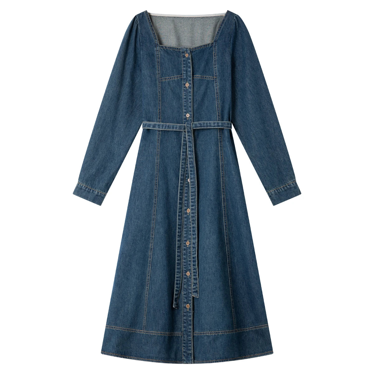 Square-Neck Belted Denim Midi Dress