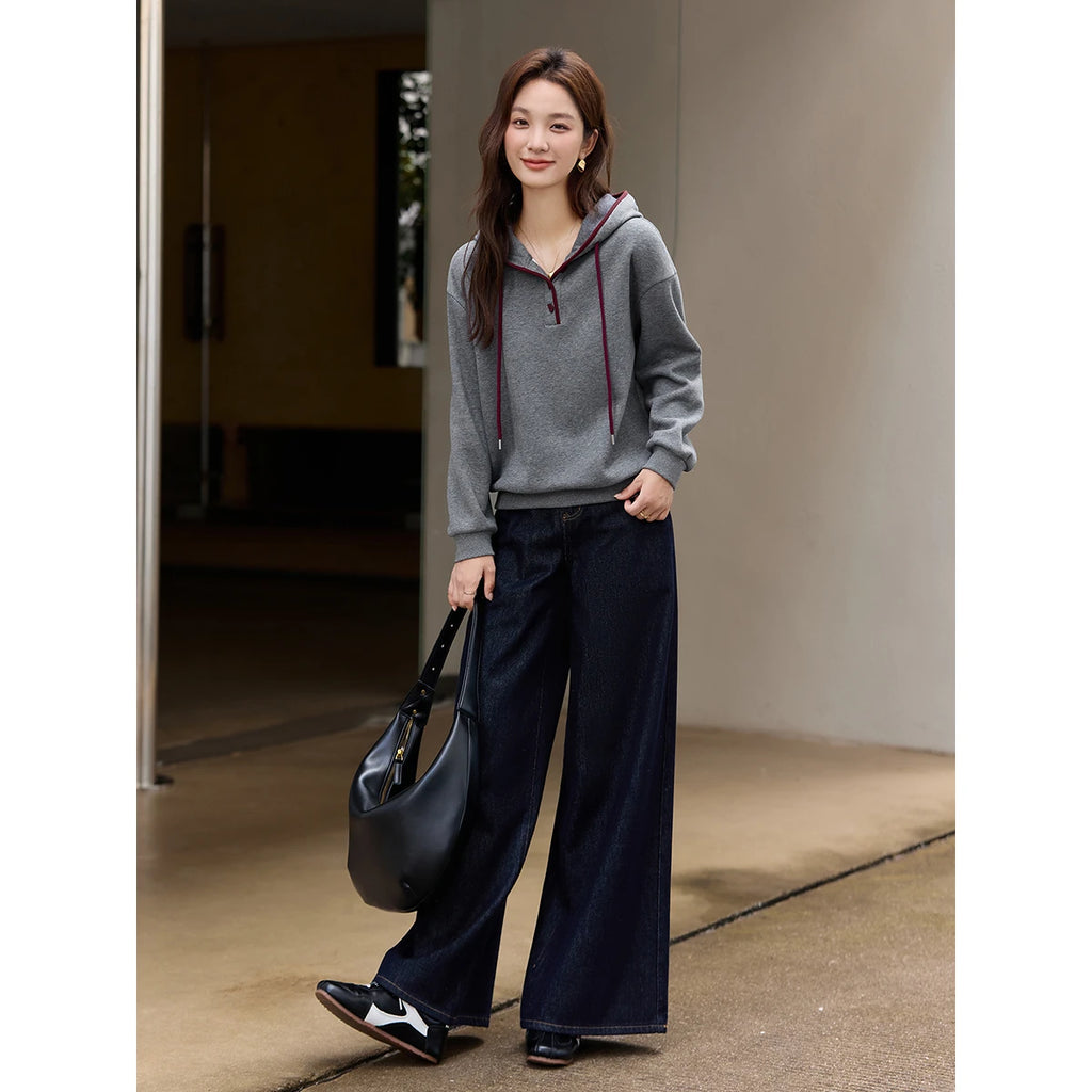 Contrast-Drawstring Pullover Hoodie