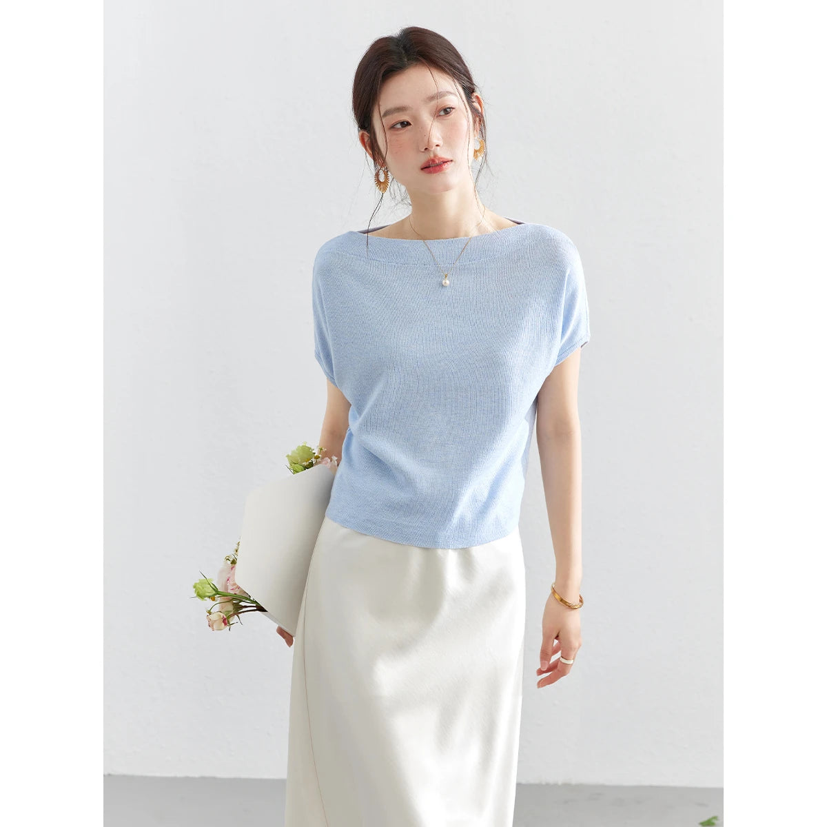 Off-Shoulder Dolman-Sleeve Knit Top