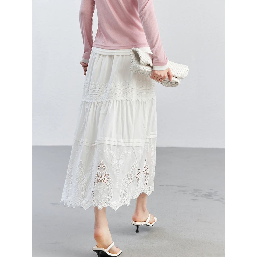 Eyelet-Hem Tiered Midi Skirt
