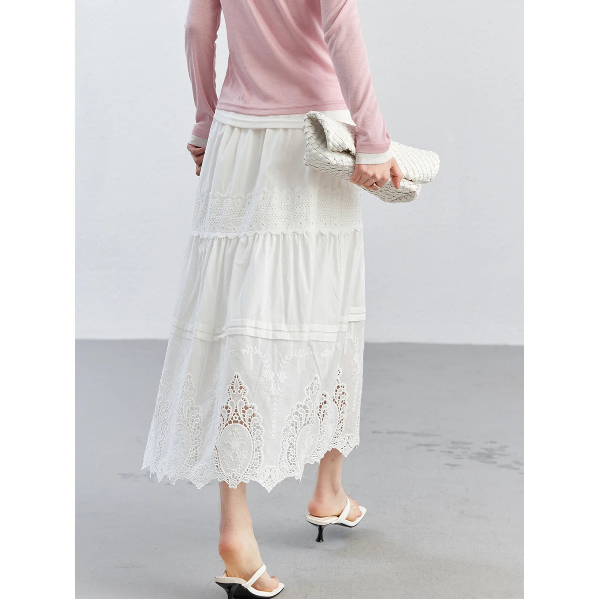 Eyelet-Hem Tiered Midi Skirt