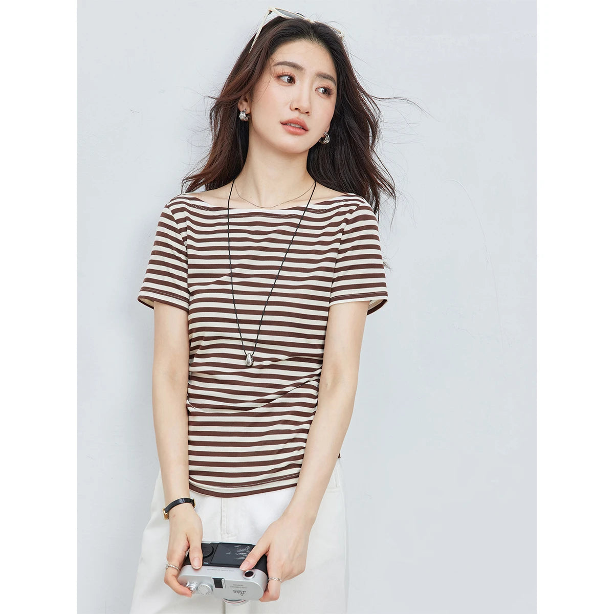 Striped Ruched Short-Sleeve Top