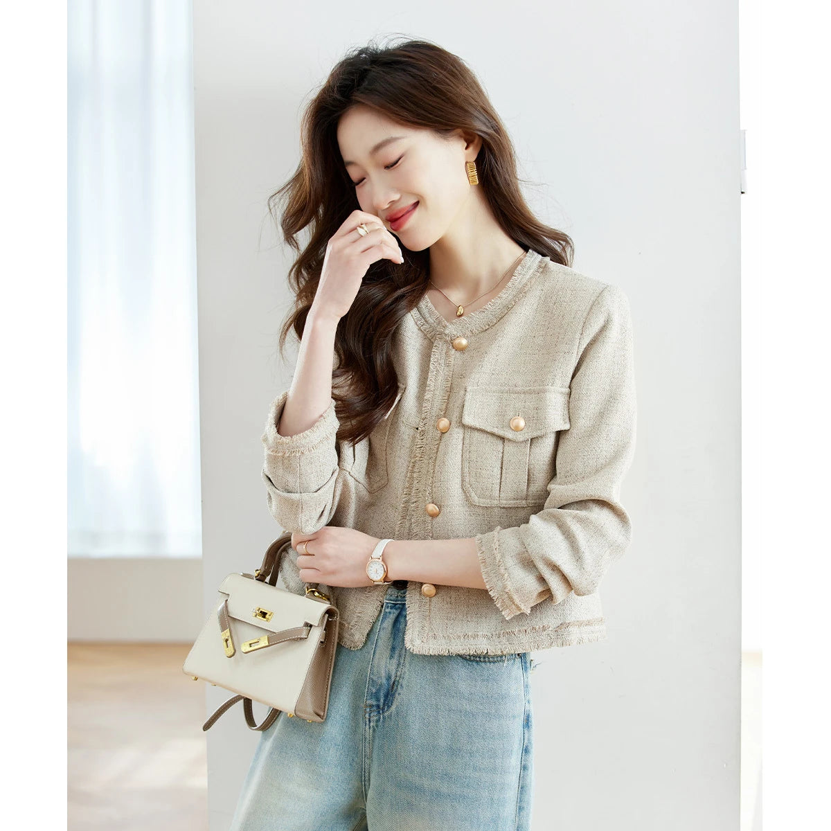 Frayed-Trim Cropped Jacket