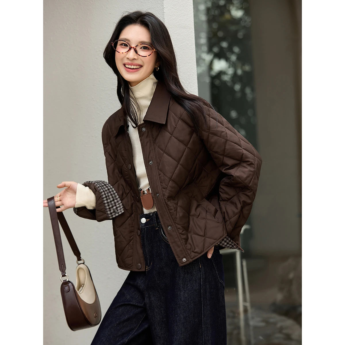 Contrast-Collar Quilted Cropped Jacket