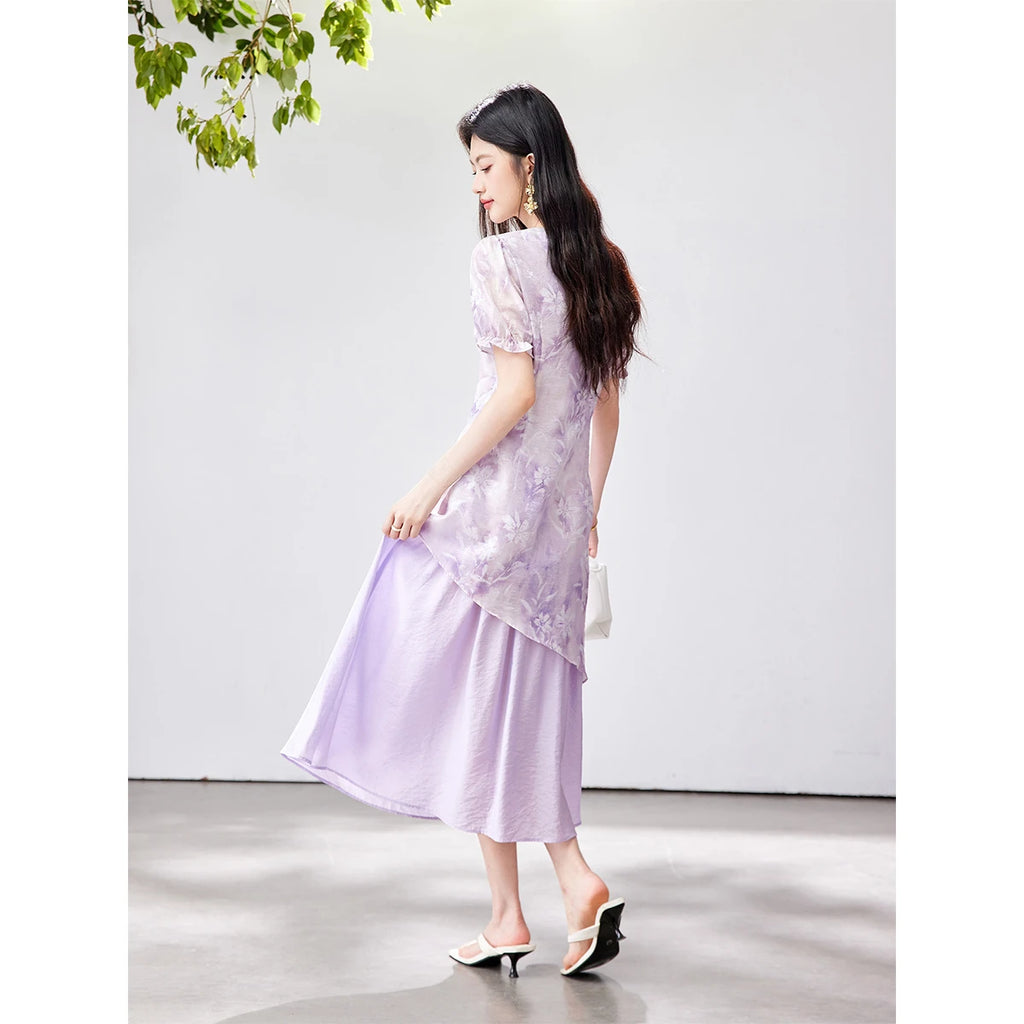 Asymmetric Floral Layered Midi Dress